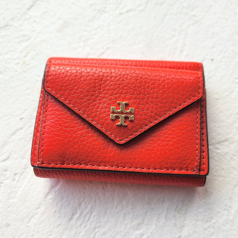 NWOT Tory Burch Robinson Mini Flap Trifold Wallet Peddled True Orange Leather